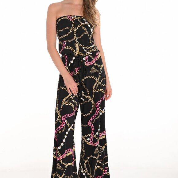 251373 Knit Black Strapless Jumpsuit in a chain pattern by FRANK LYMAN
